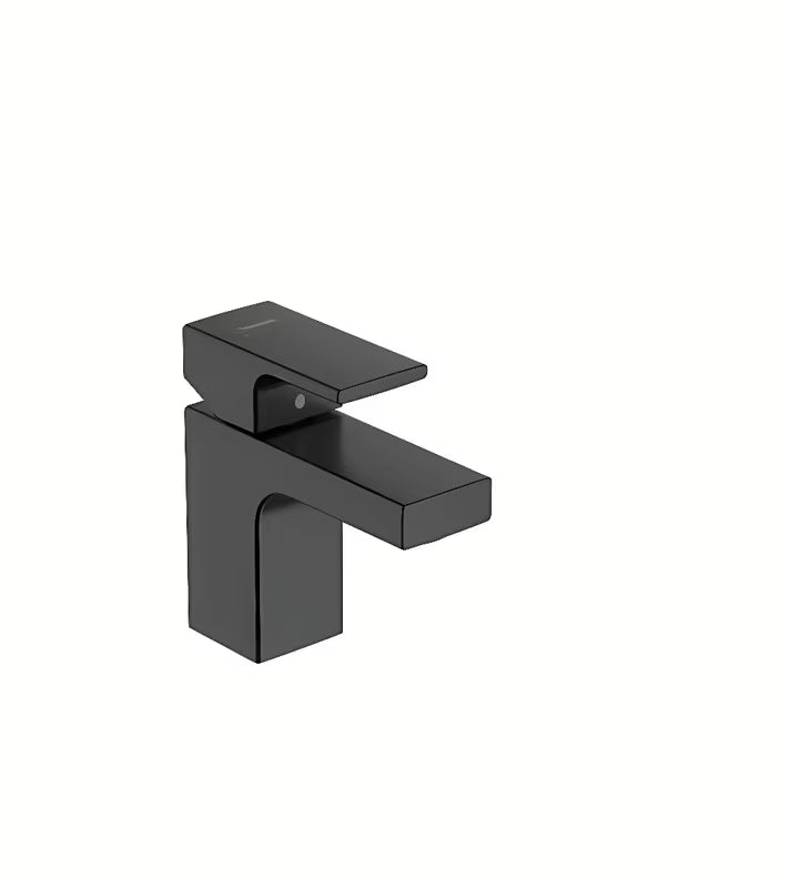 Praustuvo svirtinis maišytuvas Hansgrohe Vernis Shape matinės juodos spalvos su praustuvo dugno vožtuvas ir su traukute.