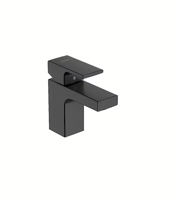 Matinės juodos spalvos svirtinis praustuvo maišytuvas hansgrohe Vernis Shape 70, modernaus kampuoto dizaino.