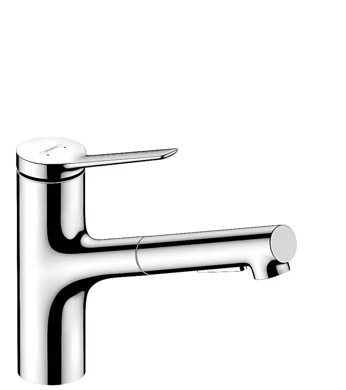 Chromuota virtuvinis maišytuvas Hansgrohe Zesis su ištraukiamu dušeliu su laminarinės ir dušo srovės perjungimu.