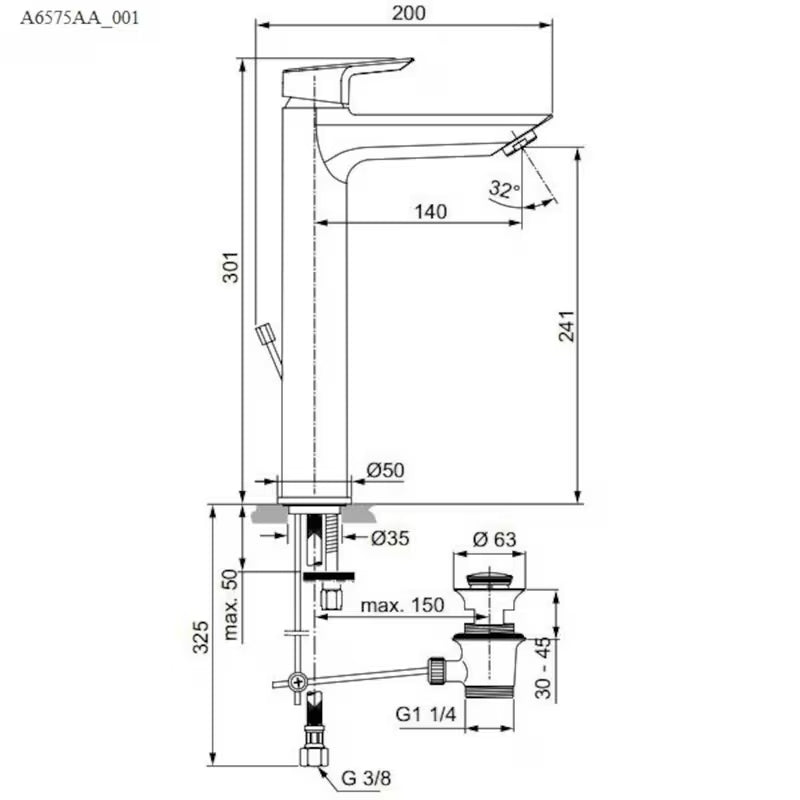 Ideal Standard Tesi aukštas praustuvo maišytuvas chromo spalvos, be nuotako komplekto