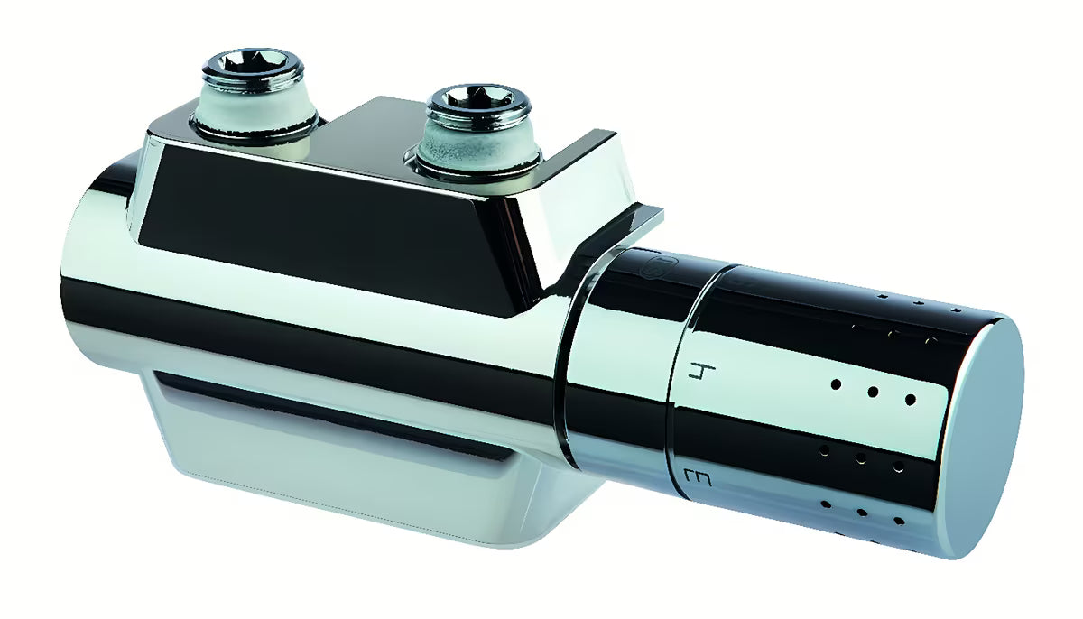 Universalus termostatinis ventilis Isan Chrome pro rankšluosčių džiovintuvas su centriniu pajungimu ir 50 mm atstumu, chromo spalvos.