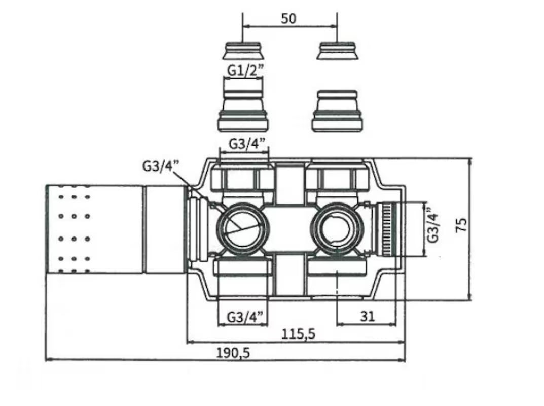 Universalus termostatinis ventilis Isan Chrome pro rankšluosčių džiovintuvas su centriniu pajungimu ir 50 mm atstumu, chromo spalvos.