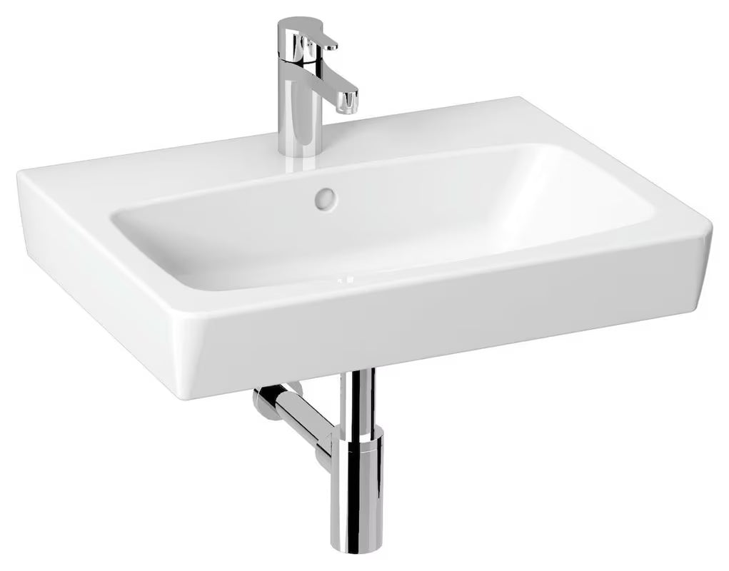 Baltas keraminis baldinis praustuvas Jika Lyra Plus Viva 60 x 45 cm su anga maišytuvui centre.