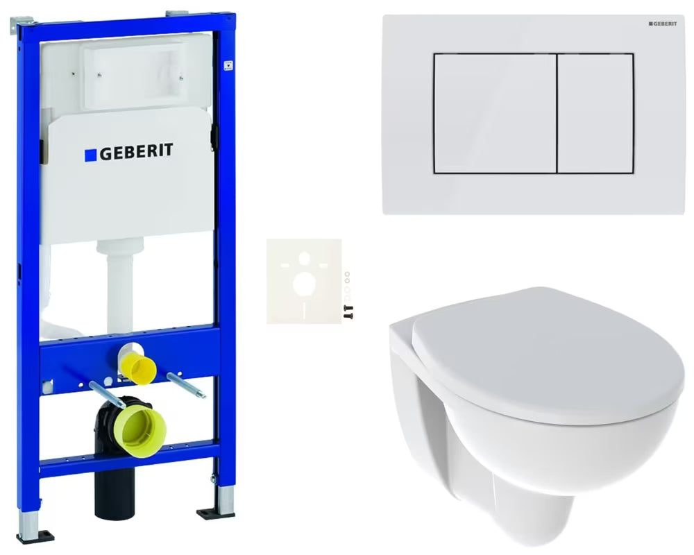 Pakabinami WC komplektas Kolo Rekord su moduliu Geberit Duofix, bekraščiu dubeniu ir baltu nuleidimo mygtuku.