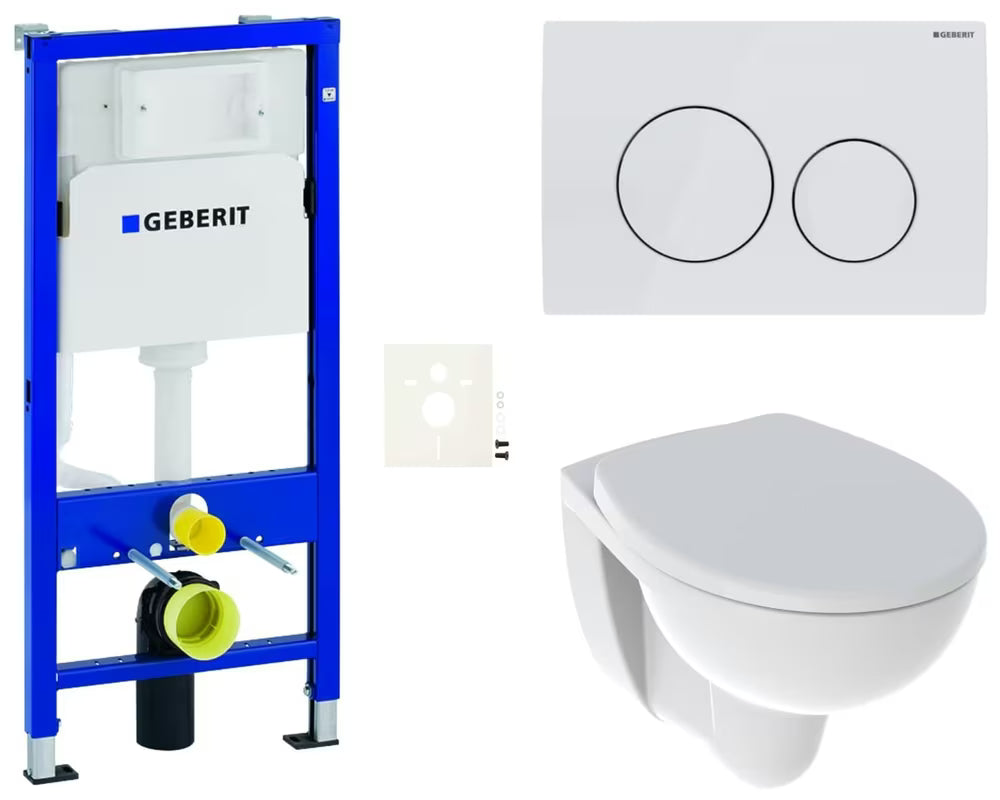 Pakabinami WC komplektas Kolo Rekord su Rimfree dubeniu, moduliu Geberit Duofix ir baltu nuleidimo mygtuku Delta