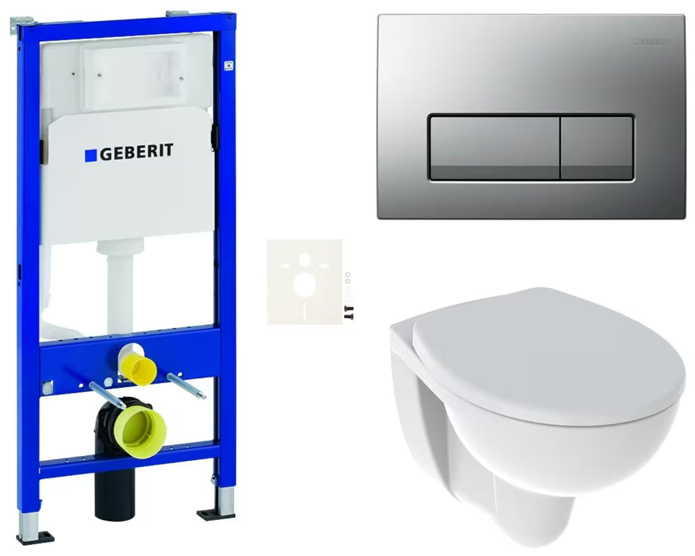 Pakabinami WC komplektas Kolo Rekord su moduliu Geberit Duofix, sėdyne softclose ir matiniu chromo mygtuku.