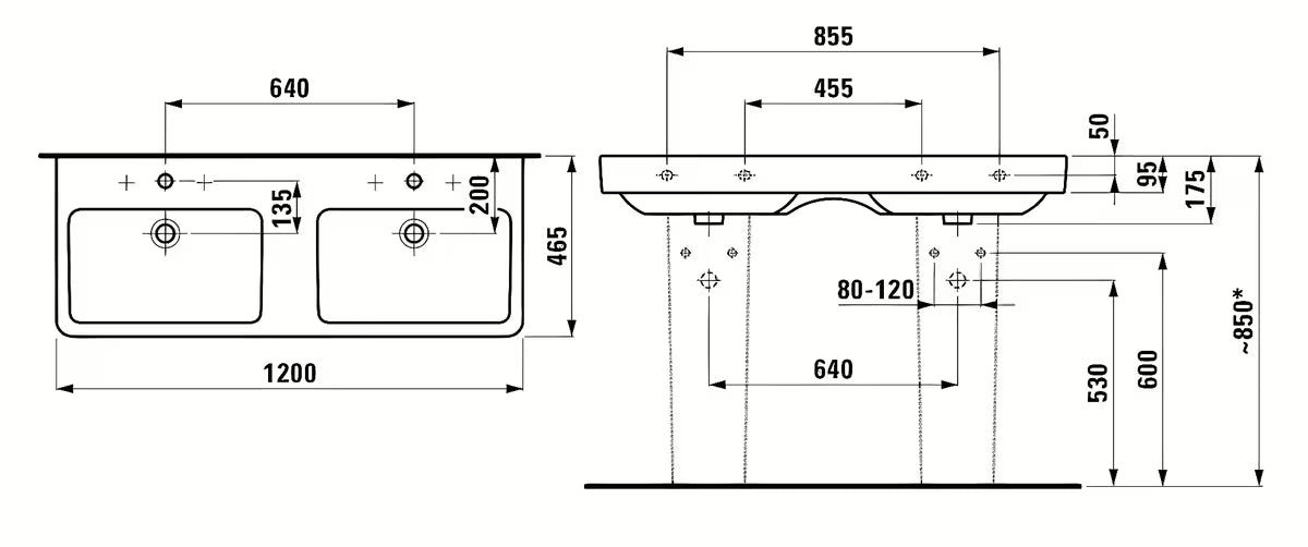 Baltas keraminis dvigubas praustuvas Laufen Pro S 120 x 46 cm su dviem angomis pro maišytuvui