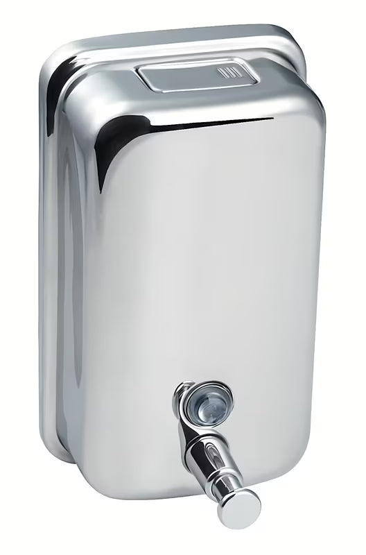 Elegantiškas sieninis skysto muilo dozatorius Chrome iš poliruoto nerūdijančio plieno, 850 ml talpos.