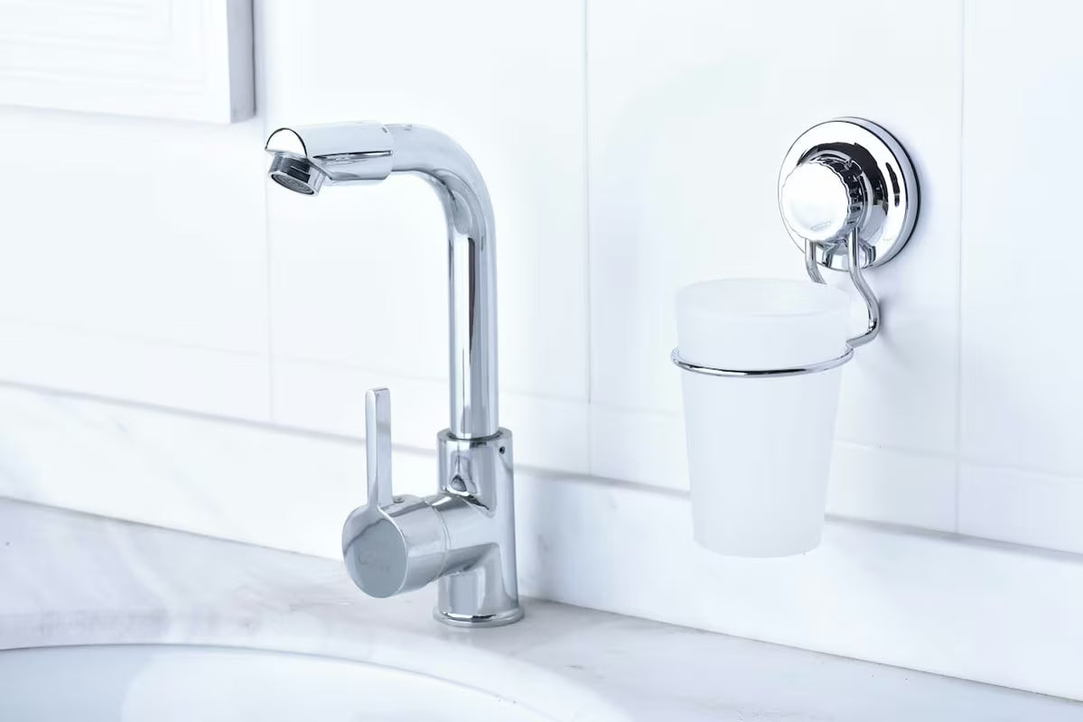 Multi Ecoloc šepetėlių laikiklis su stikline chromo spalvos su siurbtuku, montuojamas be gręžimo.