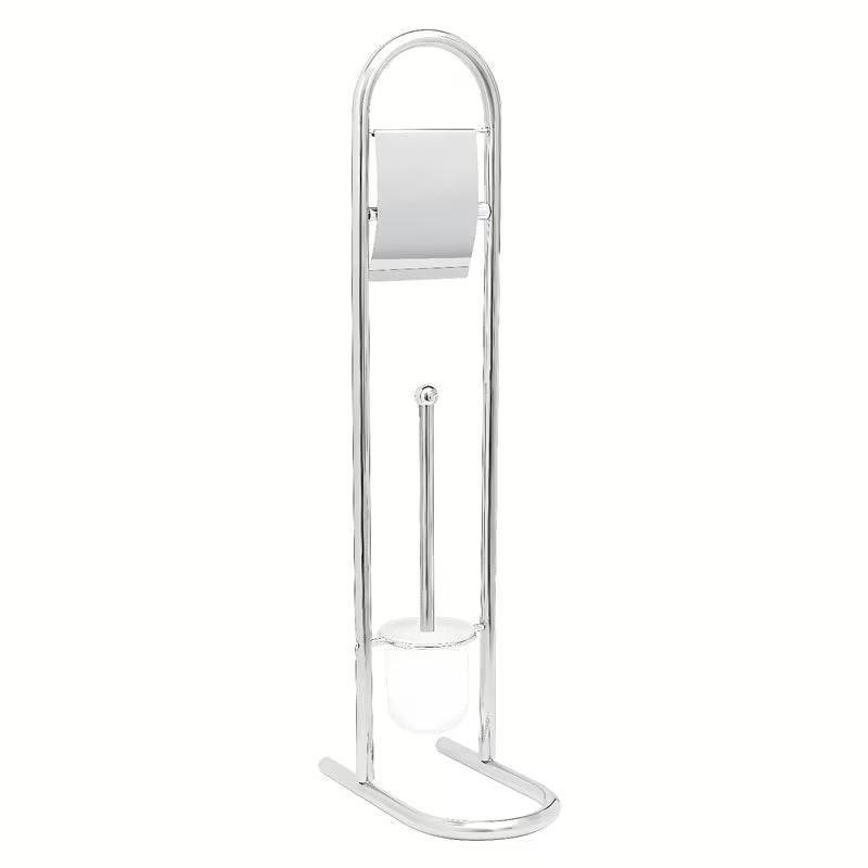 Laisvai pastatomas WC šepetys su laikikliu tualetiniam popieriui iš nerūdijančio plieno, chromo spalvos.