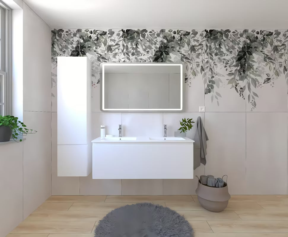 Pakabinama vonios kambario baldų komplektas Naturel Ancona baltos spalvos su dvigubu praustuvu ir LED veidrodžiu