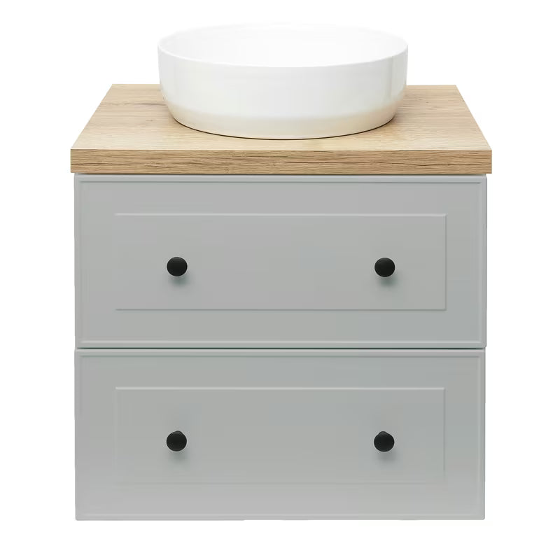 Pakabinama vonios spintelė po praustuvu Naturel Forli pilkos matinės spalvos su ąžuolo dekoro stalviršiu Halifax
