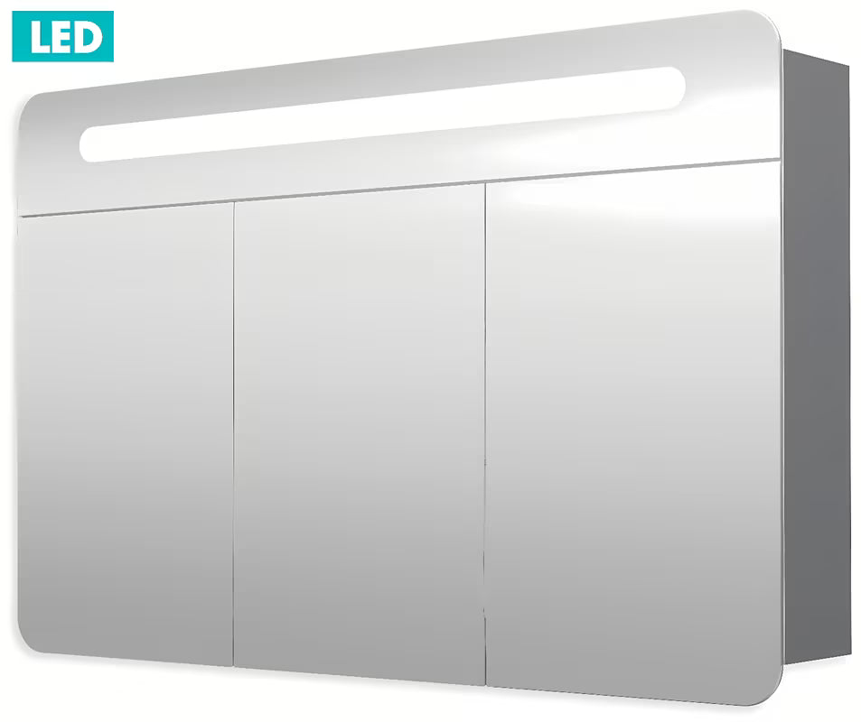 Veidrodinė spintelė Naturel 100x65 cm pilkai sidabrinės spalvos, su trejomis veidrodinėmis durelėmis ir LED apšvietimu.