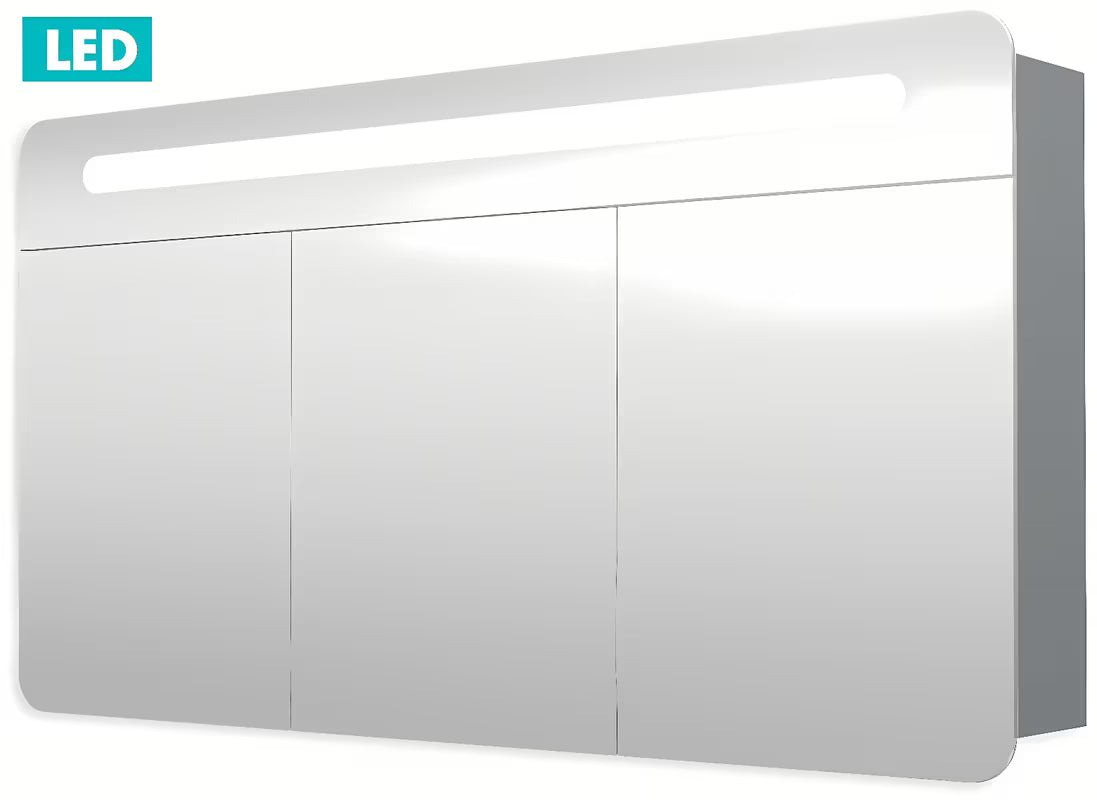 Veidrodinė spintelė Naturel 120x65 cm pilkai sidabrinės spalvos su LED apšvietimu ir su trejomis veidrodinėmis durelėmis.