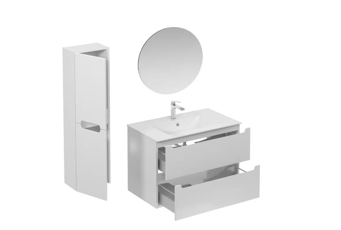Vonios kambario Baldų Komplektas Naturel Stilla baltos blizgios spalvos su praustuvu ir veidrodžiu su LED apšvietimu