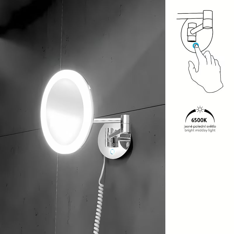 LED kosmetinis veidrodėlis Nimco chromo apdailos, su 5× didinimu ir lietimui jautriu apšviestu jungikliu.