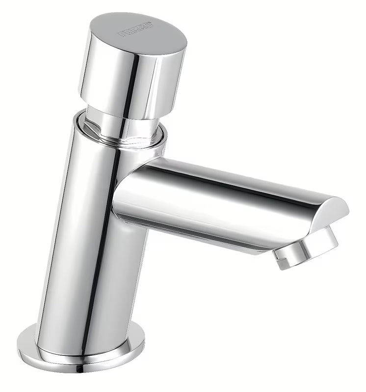 Chromuotas pastatomas praustuvo ventilis Novaservis su mygtukiniu valdymu ir automatiniu uždarymu.
