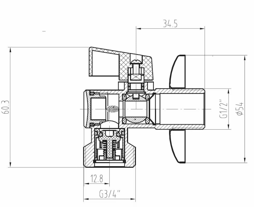Visiškai metalinis kampinis ventilis Optima 1/2x3/4 su plastikine sklende ir integruotu filtru