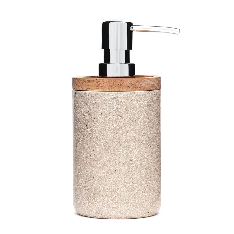 Skysto muilo Dozatorius Optima Poly, light-limestone spalvos, iš polirezino, su medžio detale ir chromuotu dozatoriumi.