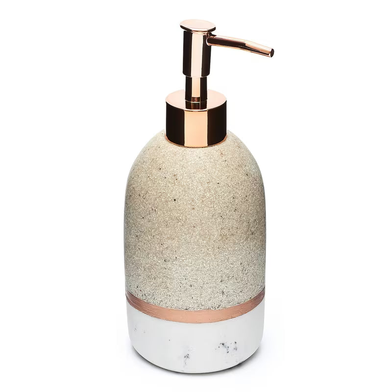 Laisvai pastatomas skysto muilo dozatorius Optima Tera light-limestone dekoro su pompele rose gold.