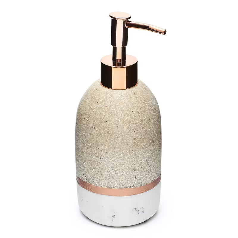 Laisvai pastatomas skysto muilo dozatorius Optima Tera light-limestone dekoro su pompele rose gold.