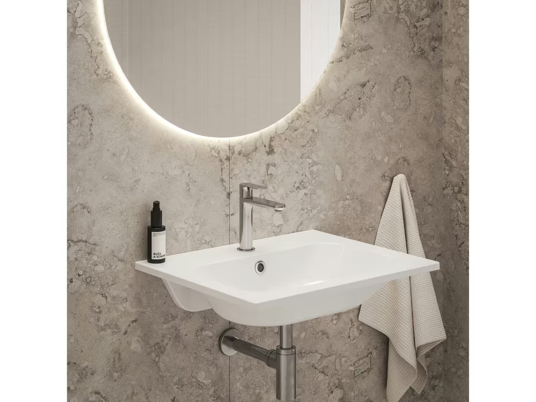 Baltas baldinis praustuvas Ravak Chrome Slim 60 x 49 cm iš lieto marmuro su persipylimu
