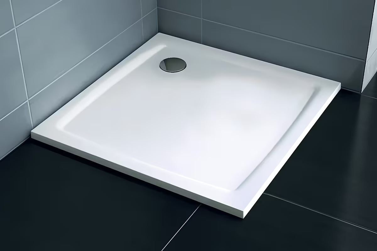 Balta kvadratinis dušo padėklas Ravak Perseus Pro Flat 90x90 cm iš lieto marmuro, lygaus paviršiaus