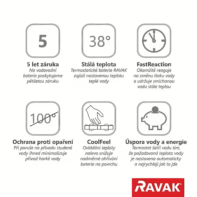 Termostatinė sieninė dušo maišytuvas Ravak Termo chromo spalvos, su CoolFeel technologija.