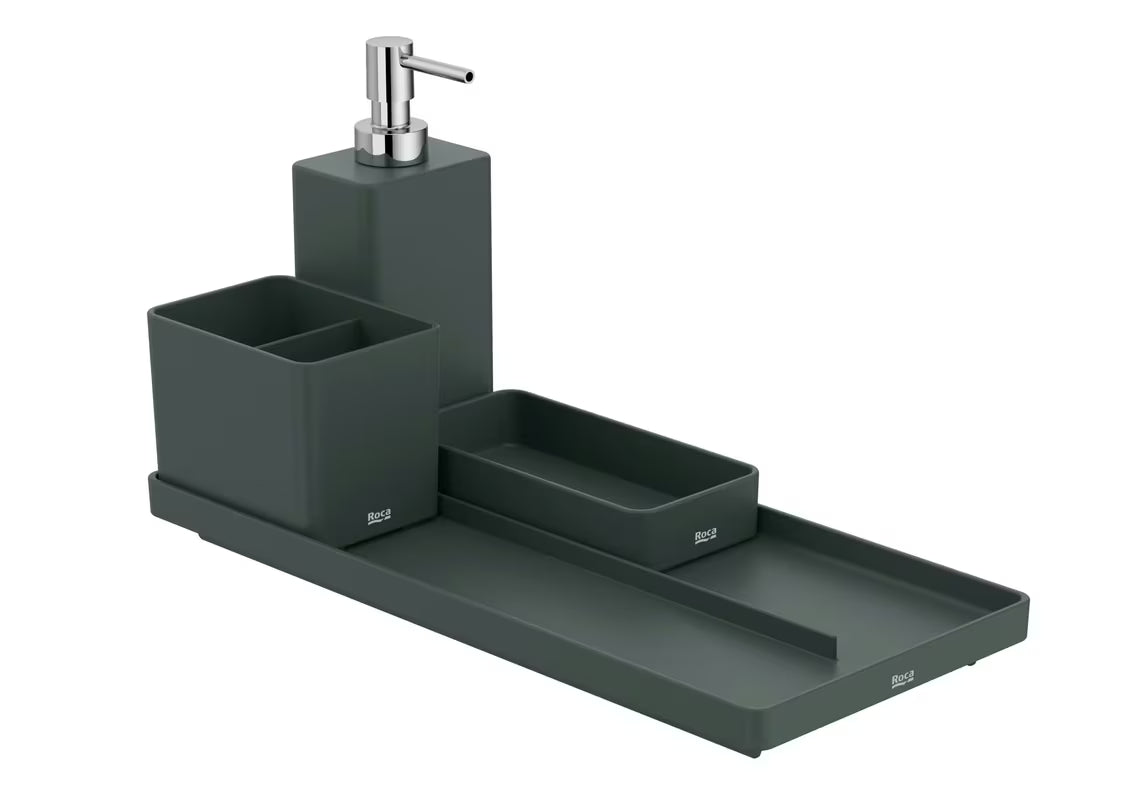 Roca Ona laisvai pastatomas dubenėlis matinės žalios spalvos, pagaminta iš ABS plastiko, pro vonios kambario smulkmenoms tvarkingai laikyti.