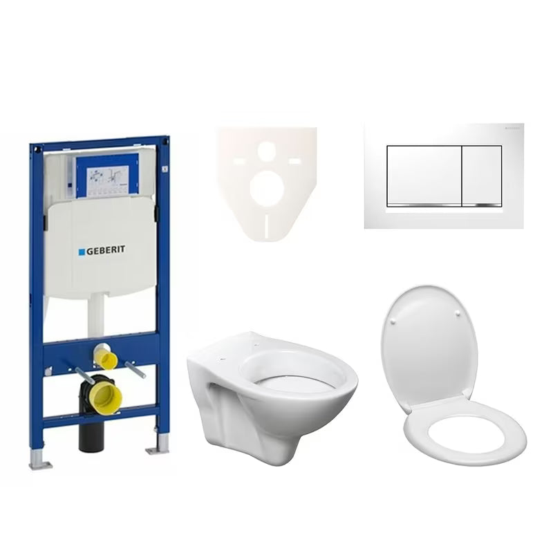 Pakabinami WC komplektas S-Line Pro su moduliu Geberit Duofix, sėdyne, mygtuku Sigma 30 ir garso izoliacijos tarpine.