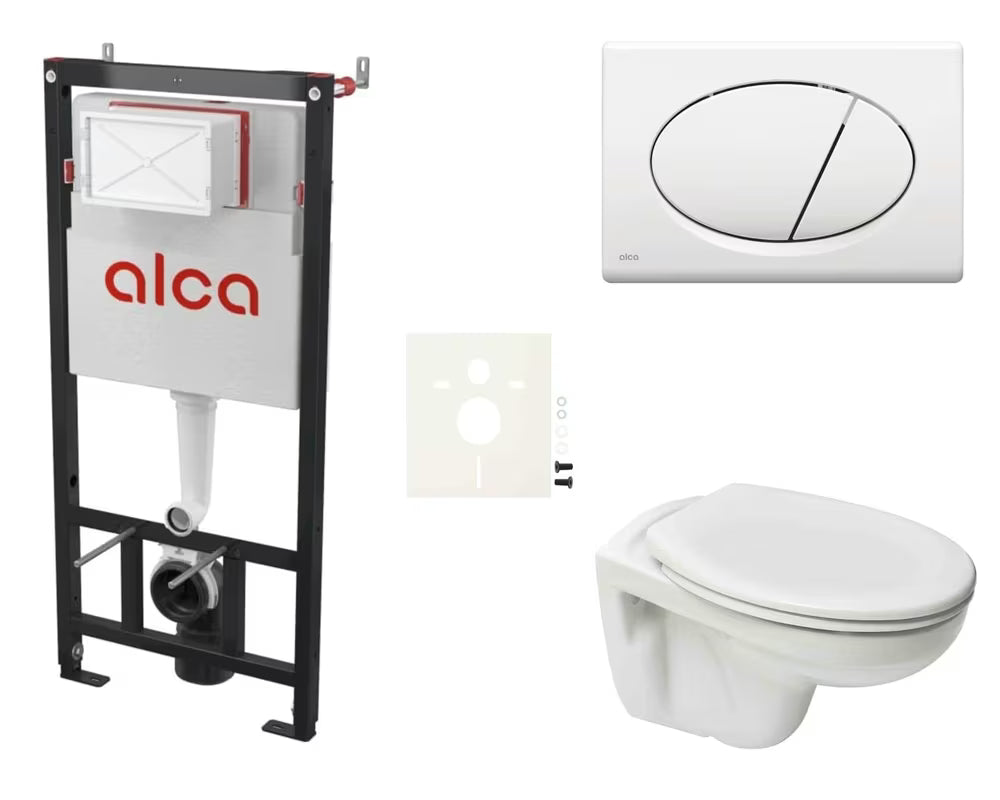 Pakabinami WC komplektas S-Line Pro su moduliu lengvoms sienoms, baltu nuleidimo mygtuku ir duroplasto sėdyne.