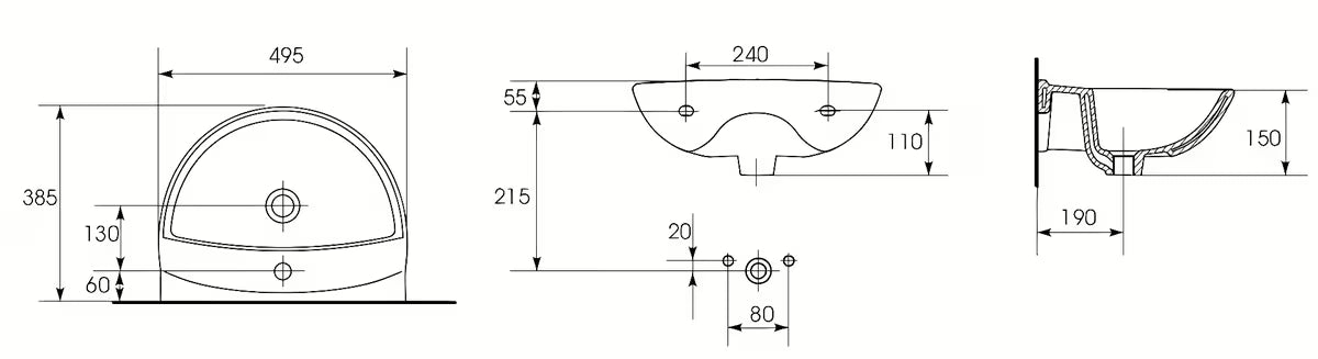 Pakabinami keraminis praustuvas S-Line Pro 49,5 x 38,5 cm, baltos spalvos, su persipylimu ir anga maišytuvui pro