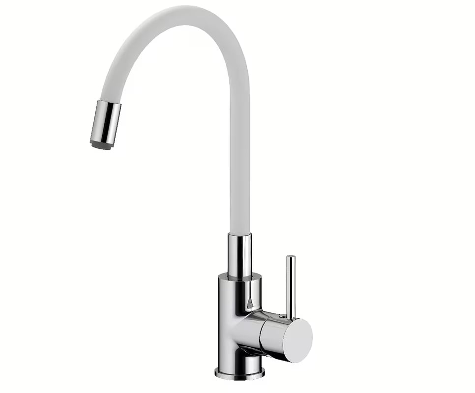 S-Line svirtinis virtuvinis maišytuvas balta/chrom su silikoniniu lanksčiu laikikliu