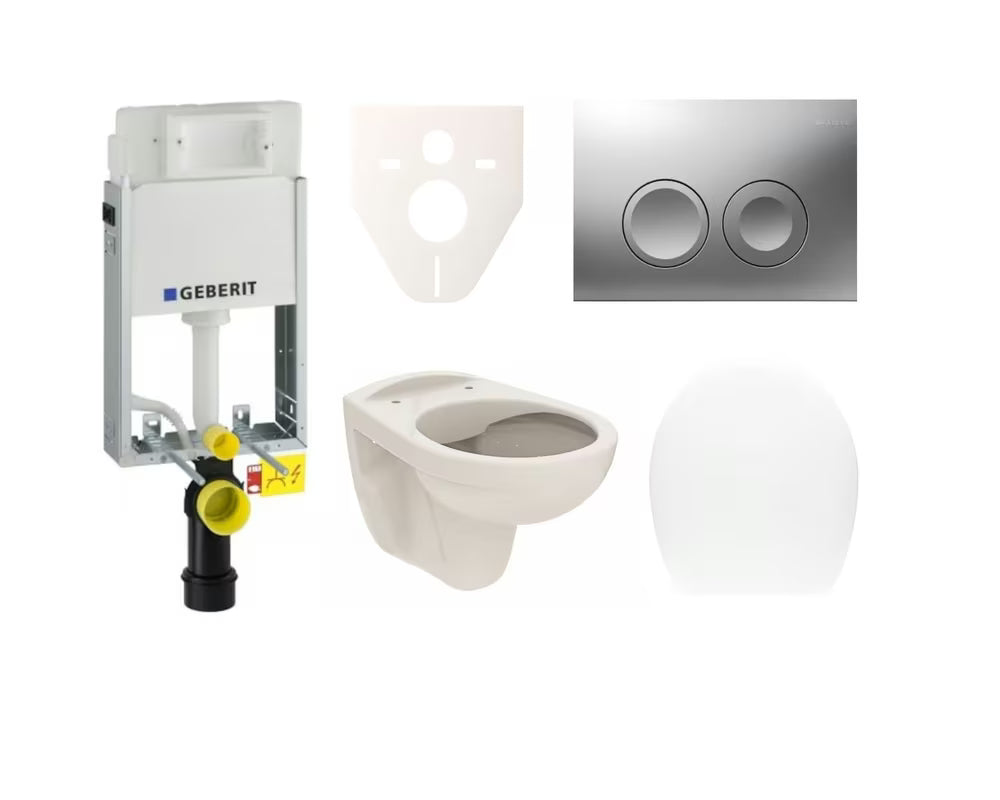 Pakabinami WC komplektas S-Line Pro su potinkiniu moduliu Geberit ir matinio chromo nuleidimo mygtuku.