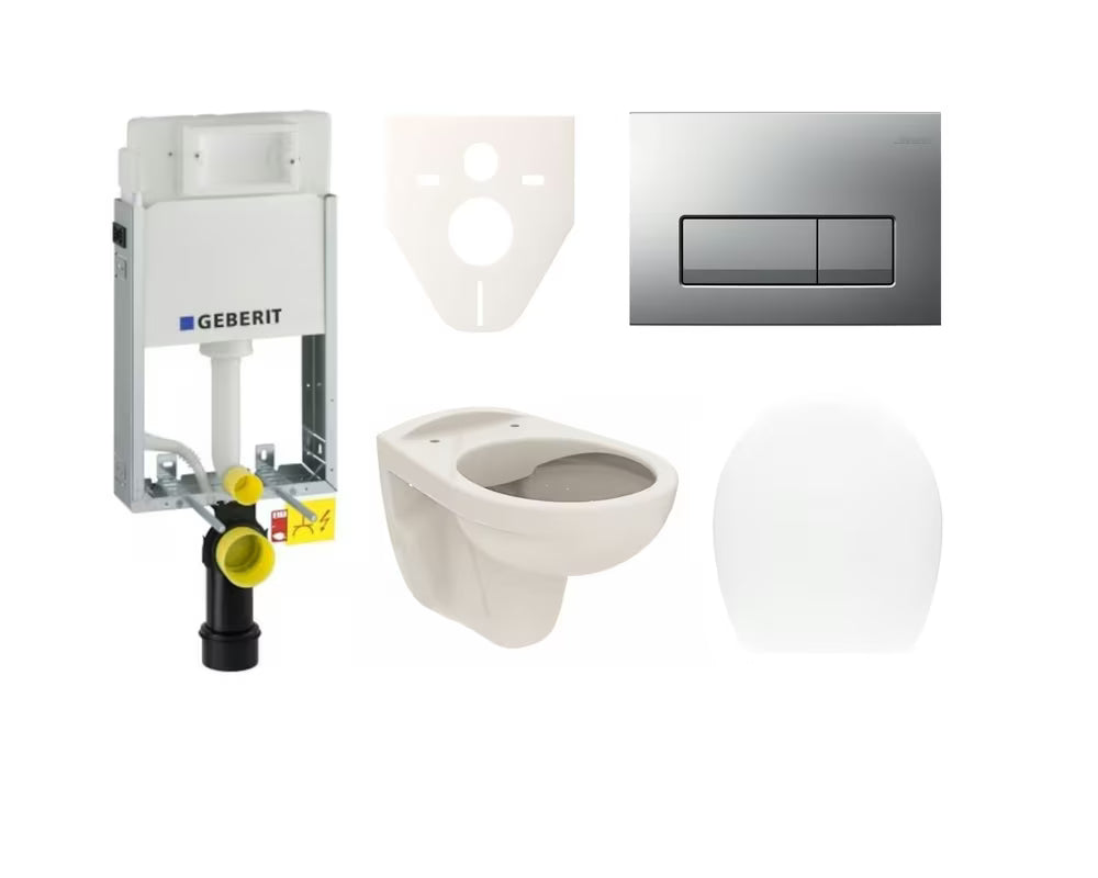 Pakabinami WC komplektas S-Line Pro su moduliu įmūrijimui, bakeliu Geberit Kombifix ir matinio chromo mygtuku.