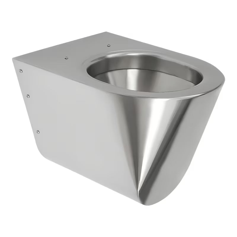 Pakabinami nerūdijančio plieno KLOZETAS Sanela Supersteel, matinis antivandalinis modelis su juoda sėdyne.