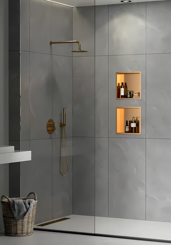 Dušo niša SAT Aurum iš nerūdijančio plieno, šlifuoto rose gold atspalvio, su rėmeliu