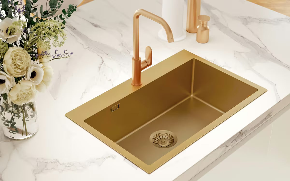 Nerūdijančio plieno virtuvinė plautuvė SAT Aurum, gold apdaila, pro montavimas ant stalviršio