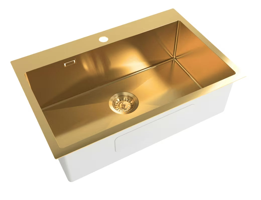 Virtuvinė vieno dubens plautuvė SAT Aurum, gold apdaila, iš šlifuoto nerūdijančio plieno, pro montavimas ant stalviršio .