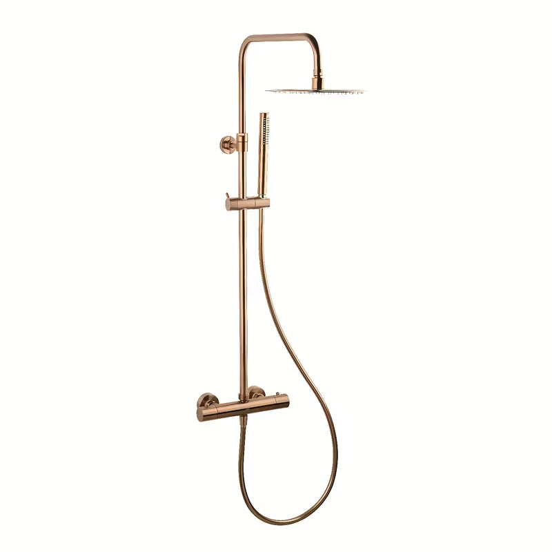 Dušo sistema SAT Aurum su termostatiniu maišytuvu rose gold brushed apdailos, su viršutiniu ir rankiniu dušu.