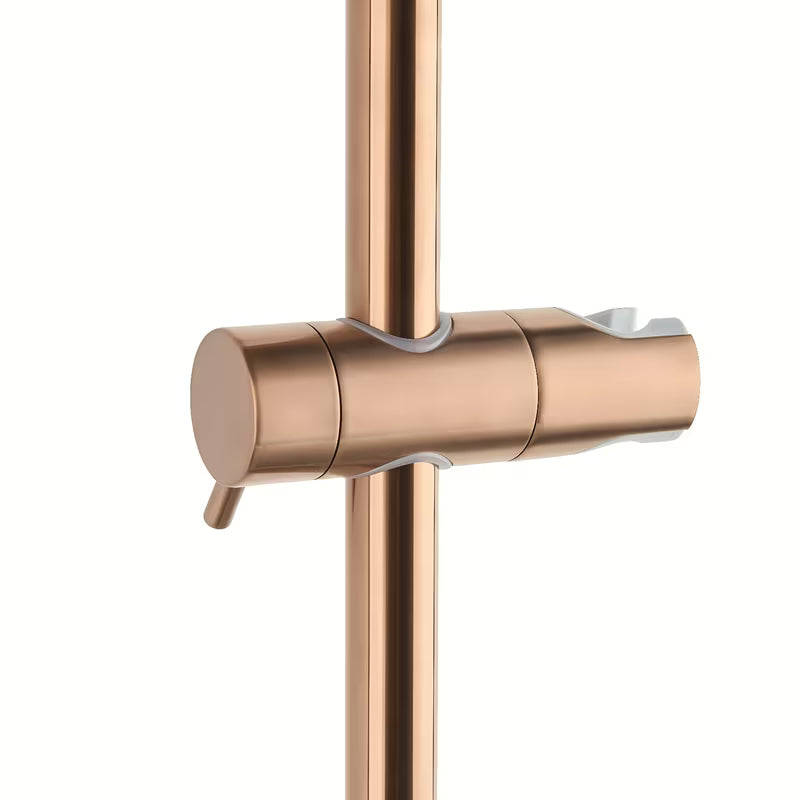 Dušo sistema SAT Aurum su termostatiniu maišytuvu rose gold brushed apdailos, su viršutiniu ir rankiniu dušu.