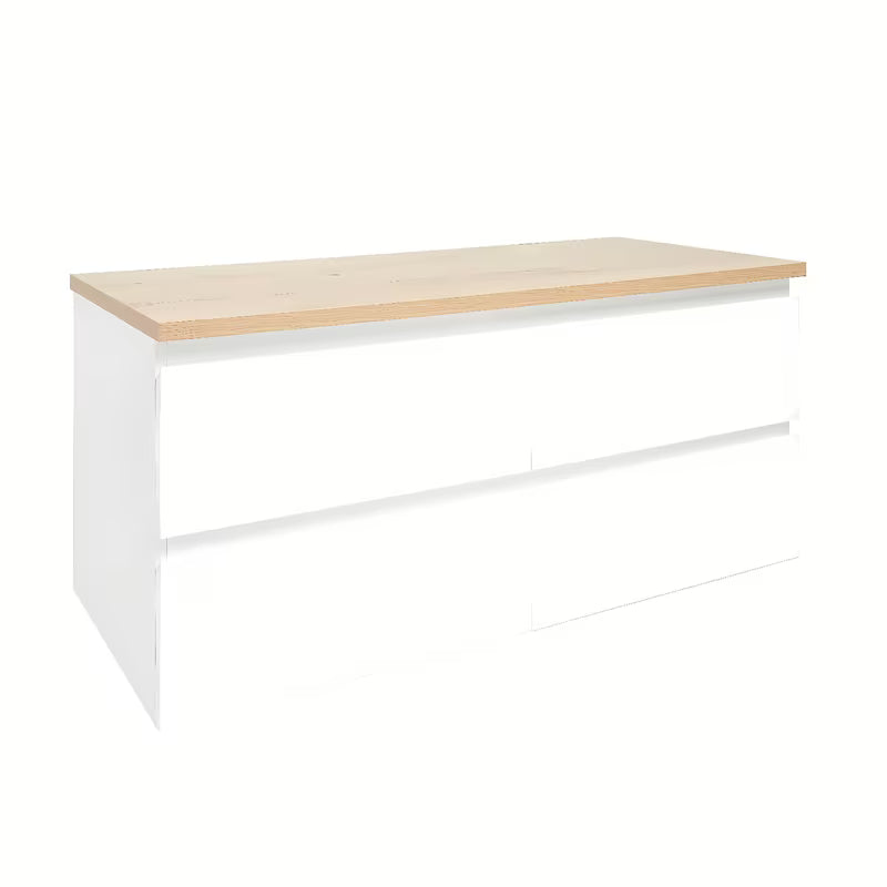 Pakabinama vonios spintelė SAT B-Way, baltos spalvos, blizgaus paviršiaus, su ąžuolo stalviršiu ir keturiais stalčiais.