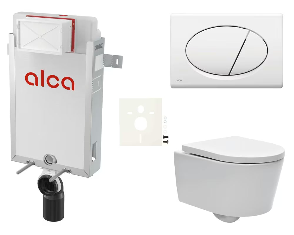 Pakabinami WC komplektas SAT Brevis su potinkiniu bakeliu, nuleidimo mygtuku ir sėdyne softclose