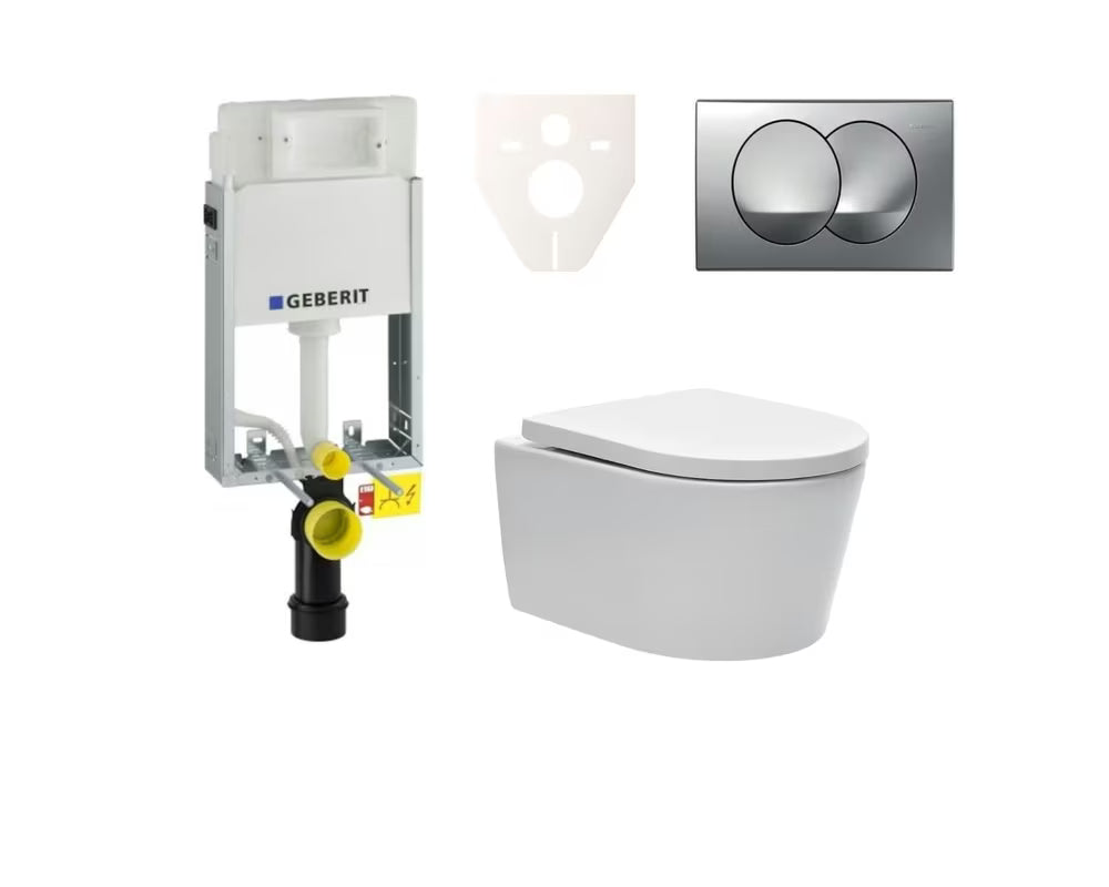 Pakabinami WC komplektas SAT Brevis su potinkiniu moduliu Geberit Kombifix, mygtuku ir sėdyne su softclose bei EasyLock.