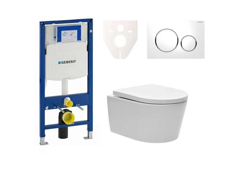 Pakabinami WC komplektas SAT Brevis su moduliu Geberit Duofix, Rimless dubeniu ir baltu nuleidimo mygtuku