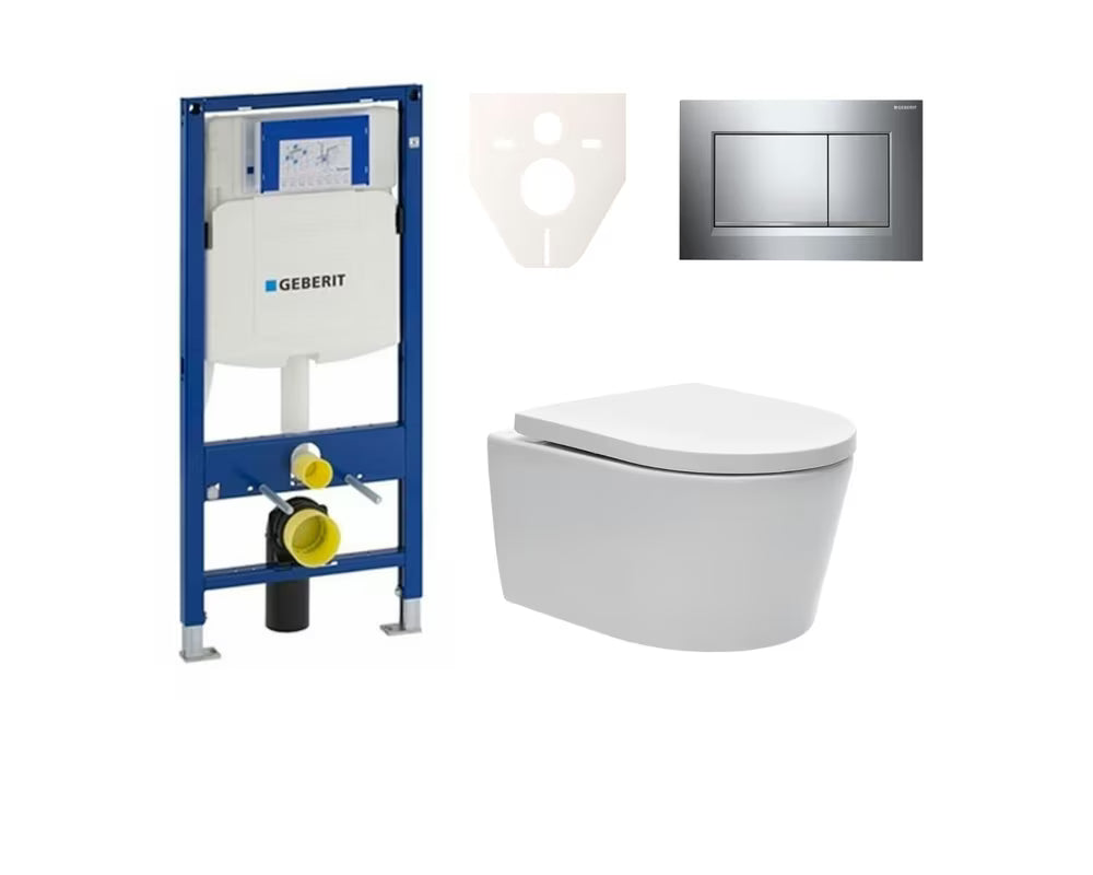 Pakabinami WC komplektas SAT Brevis su bakeliu Geberit Duofix pro montuoti į prie sienos tvirtinamą konstrukciją arba gipso kartoną.