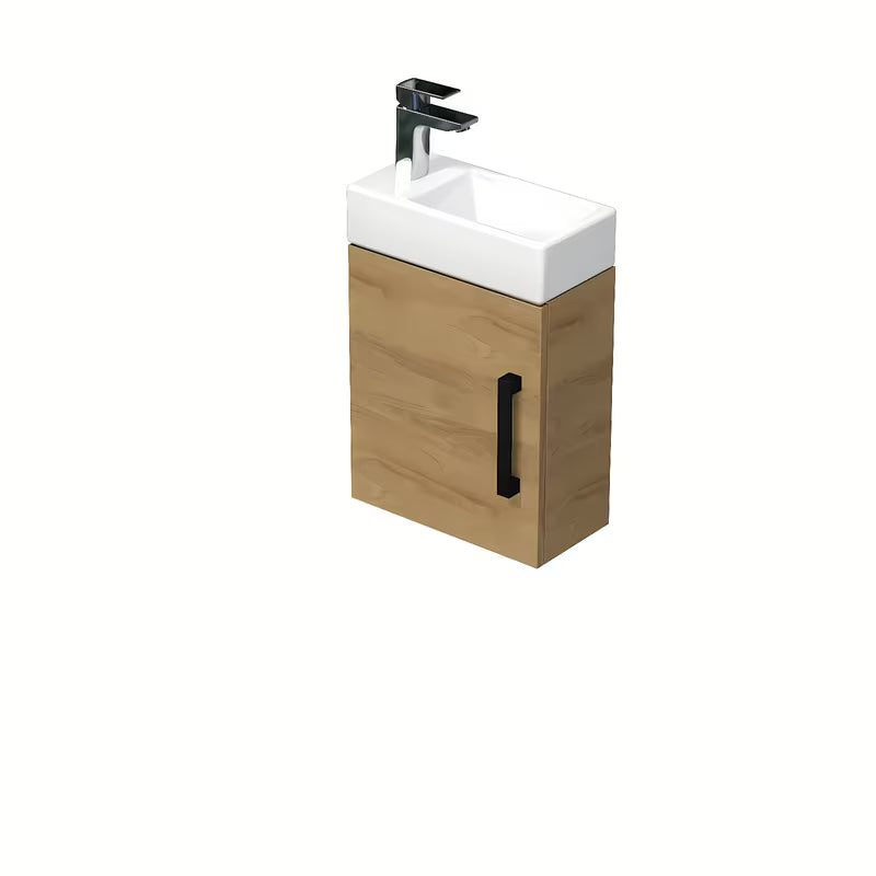 Pakabinama vonios spintelė SAT Cube Way su keraminiu praustuvėliu ąžuolo dekoro hickory ir juoda rankenėle.