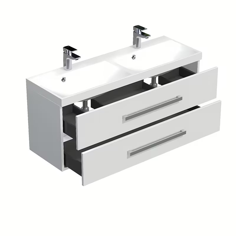 Pakabinama vonios spintelė SAT Cube Way su dvigubu praustuvu 120x40 cm, baltos spalvos