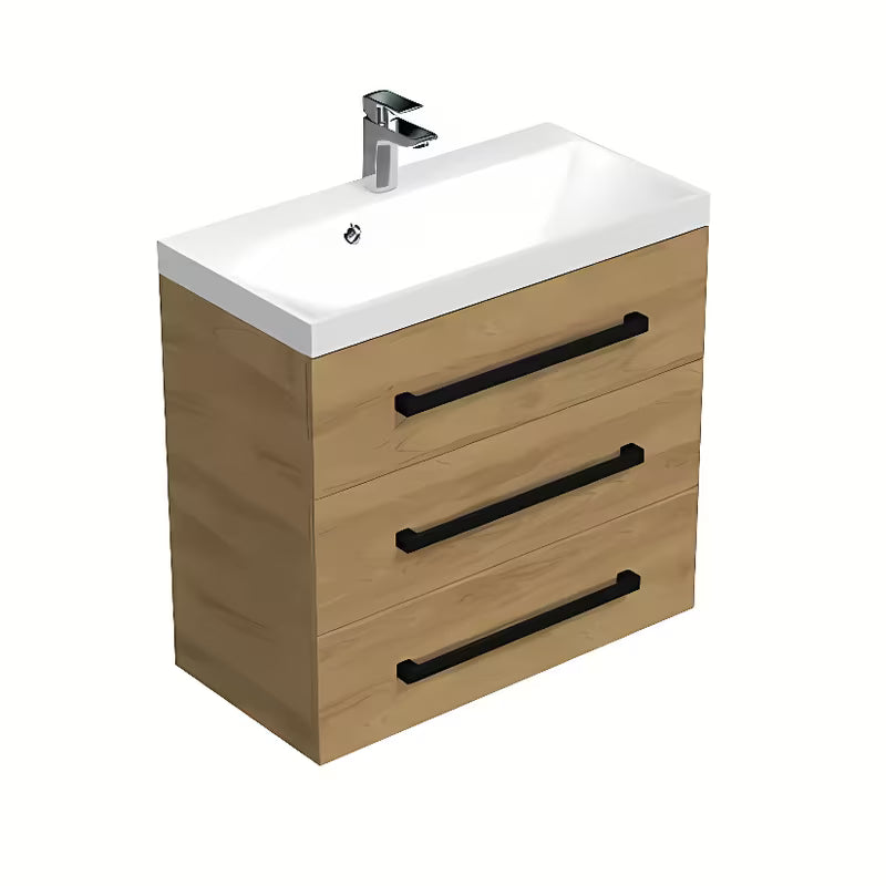 Pakabinama vonios spintelė su praustuvu SAT Cube Way ąžuolo Hickory dekoro su juodomis matinėmis rankenėlėmis