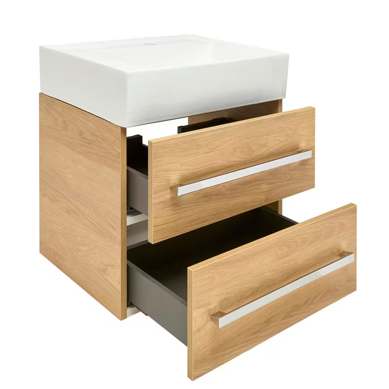 Pakabinama vonios spintelė SAT Cube Way su keraminiu praustuvu, ąžuolo hickory dekoro, 60x46x53 cm